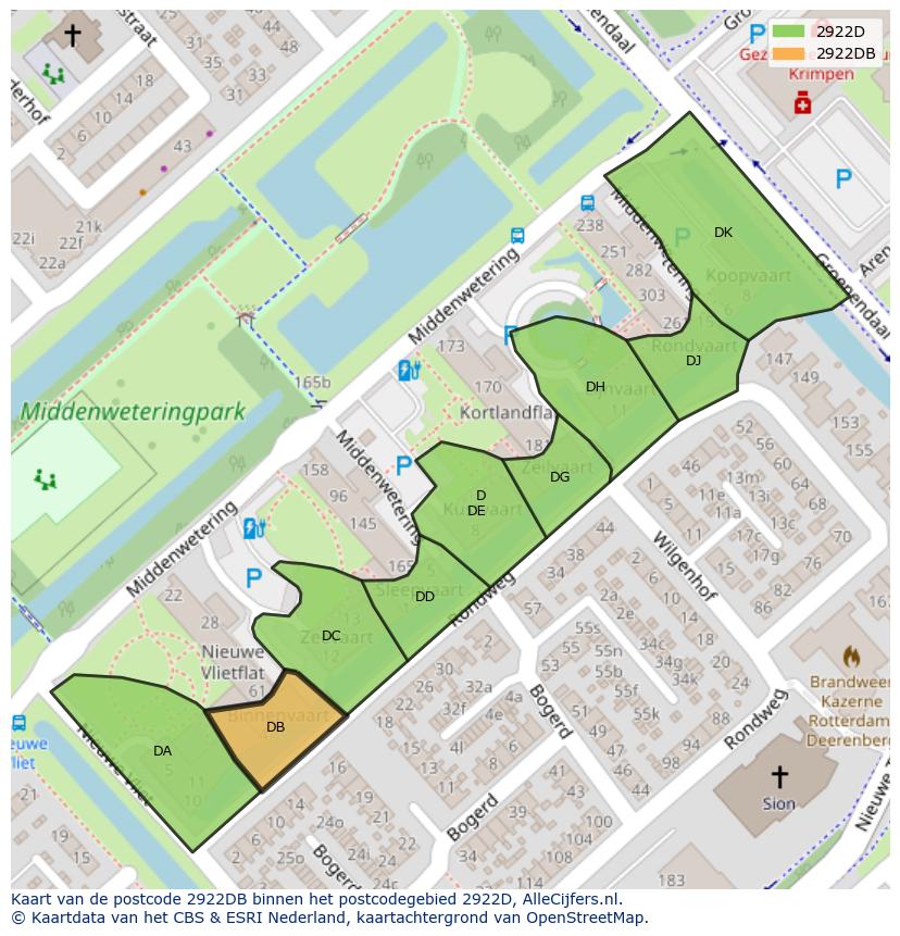 Afbeelding van het postcodegebied 2922 DB op de kaart.