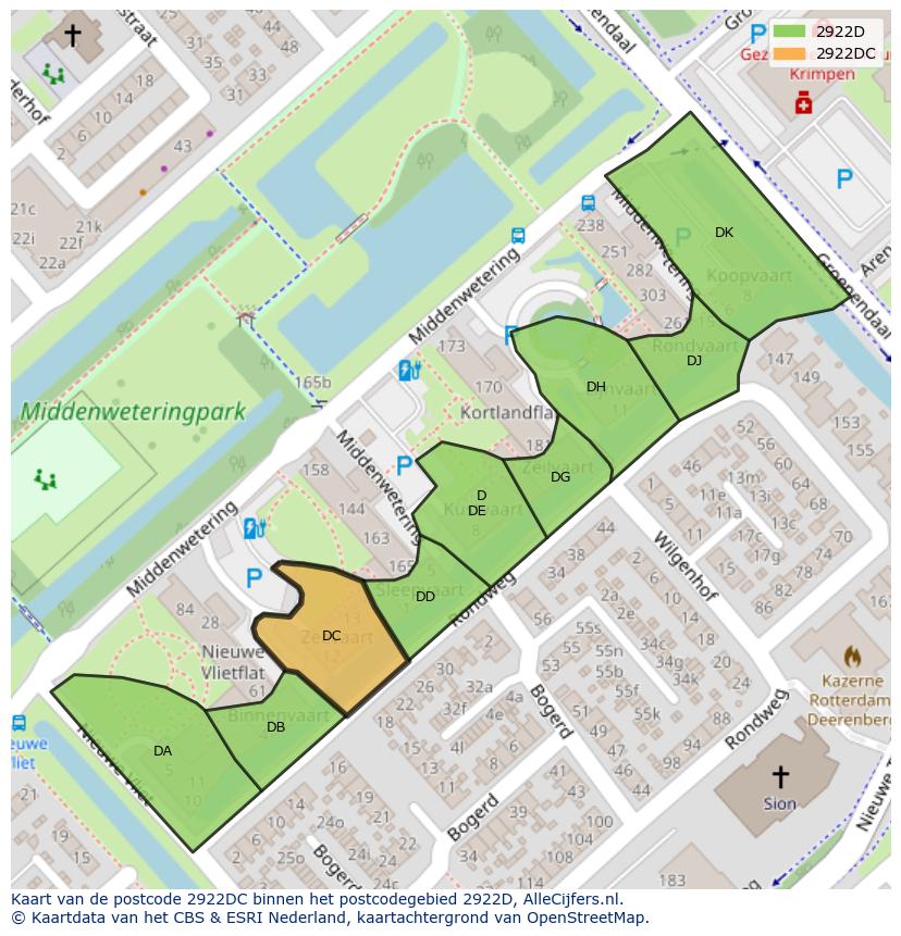 Afbeelding van het postcodegebied 2922 DC op de kaart.