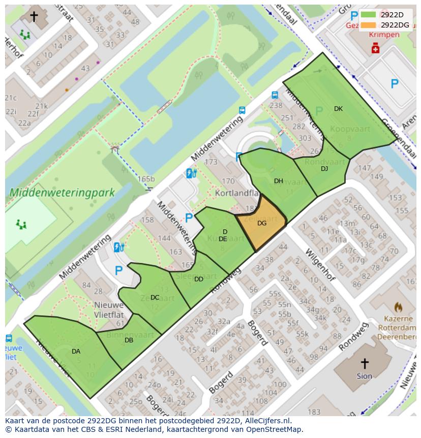 Afbeelding van het postcodegebied 2922 DG op de kaart.