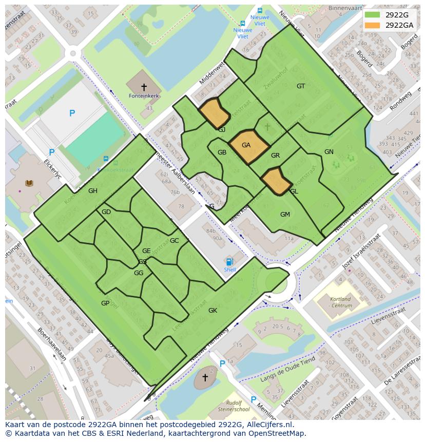Afbeelding van het postcodegebied 2922 GA op de kaart.