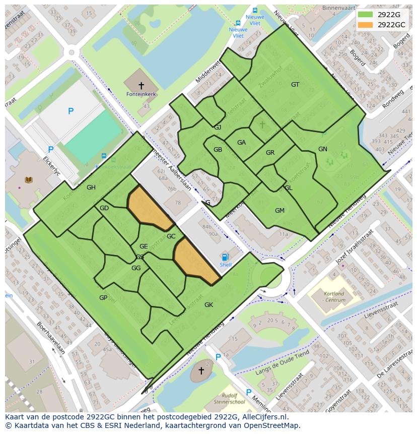 Afbeelding van het postcodegebied 2922 GC op de kaart.