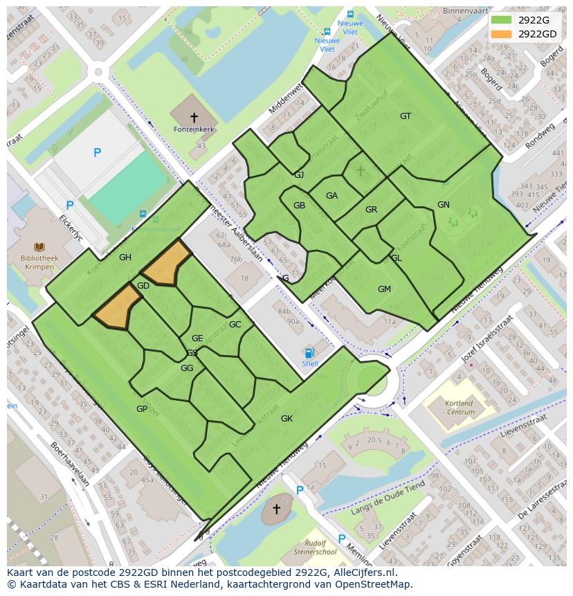 Afbeelding van het postcodegebied 2922 GD op de kaart.