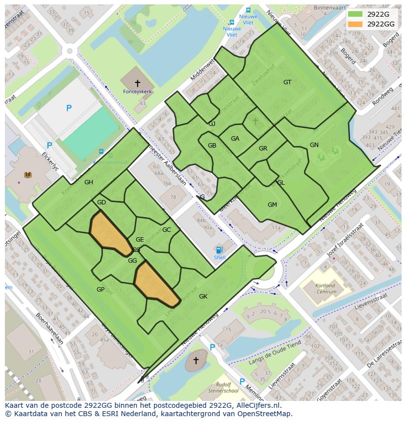 Afbeelding van het postcodegebied 2922 GG op de kaart.