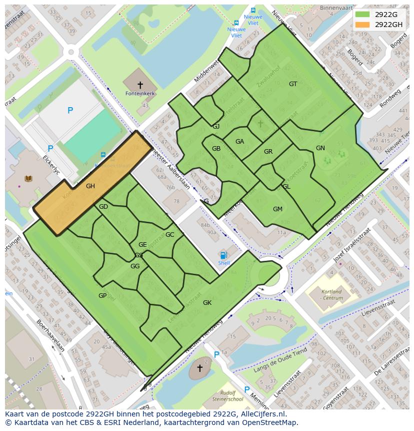 Afbeelding van het postcodegebied 2922 GH op de kaart.