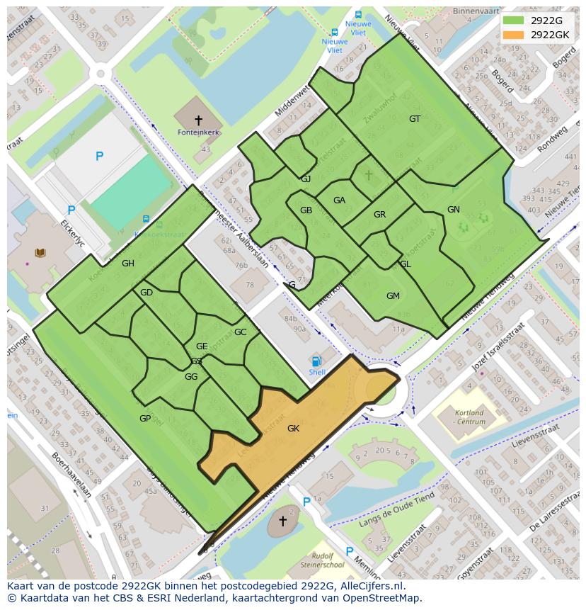 Afbeelding van het postcodegebied 2922 GK op de kaart.