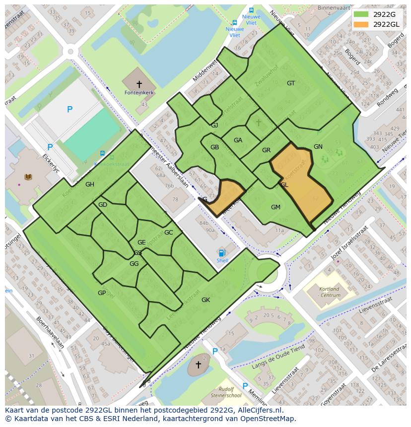 Afbeelding van het postcodegebied 2922 GL op de kaart.