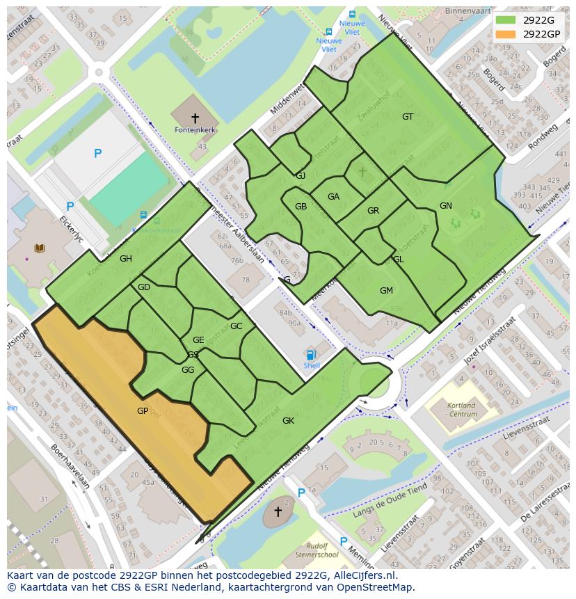 Afbeelding van het postcodegebied 2922 GP op de kaart.