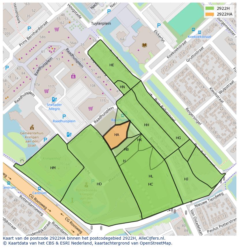 Afbeelding van het postcodegebied 2922 HA op de kaart.