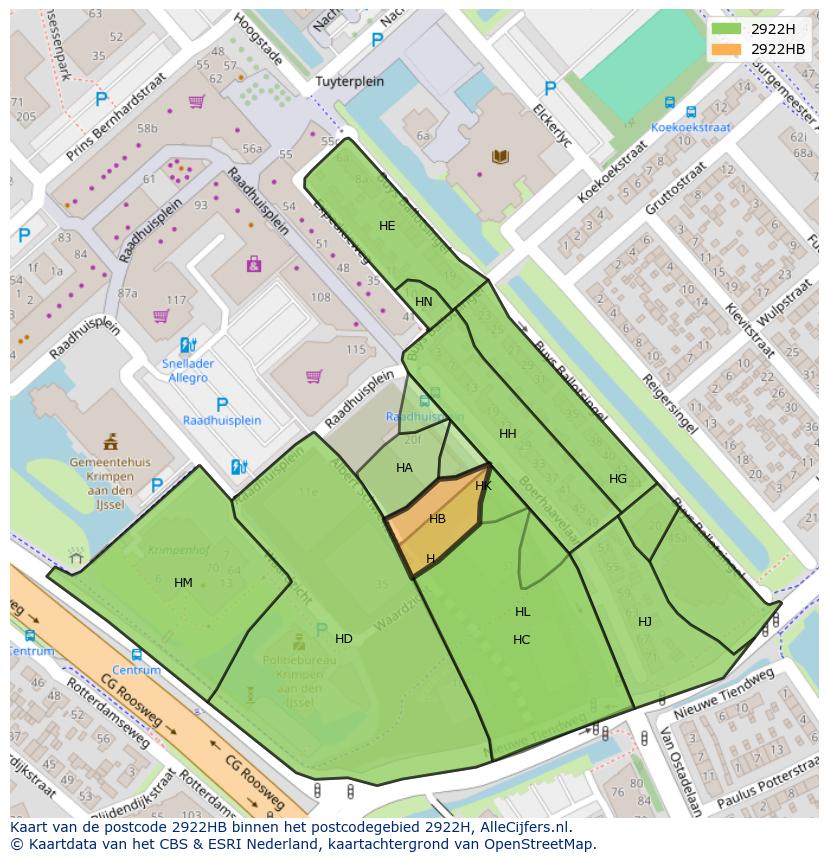Afbeelding van het postcodegebied 2922 HB op de kaart.