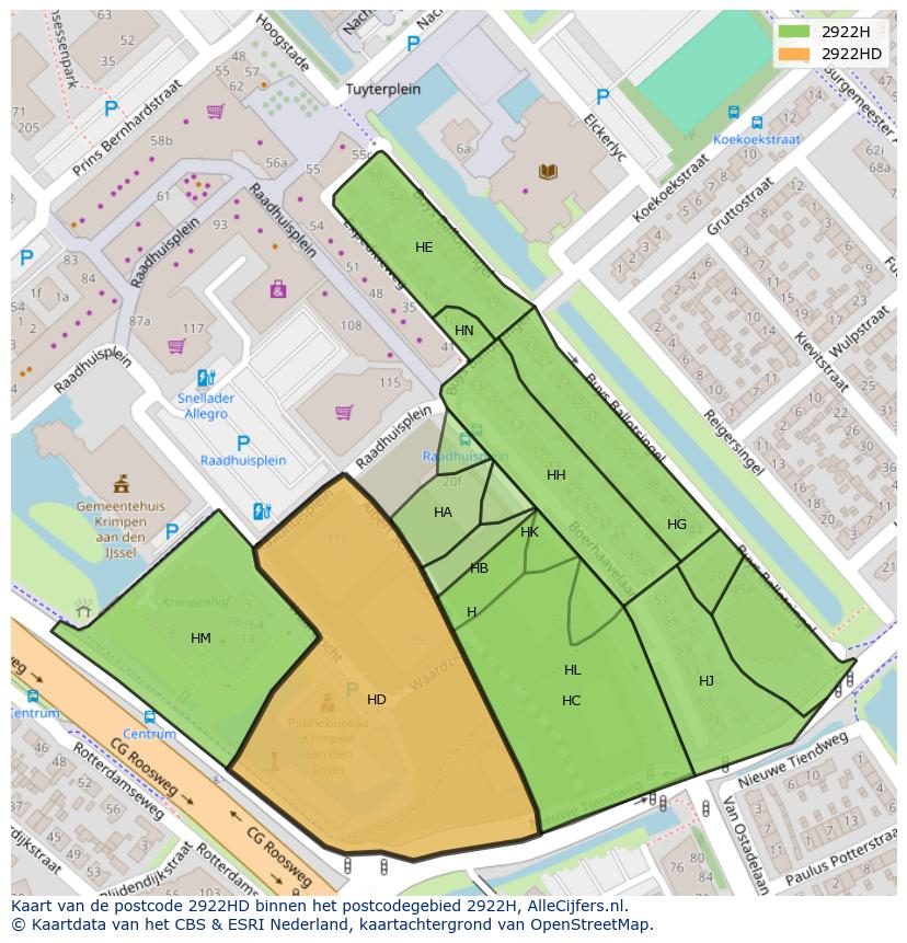 Afbeelding van het postcodegebied 2922 HD op de kaart.