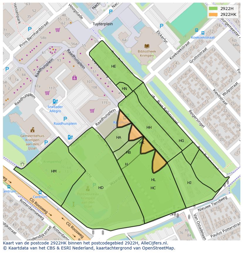 Afbeelding van het postcodegebied 2922 HK op de kaart.