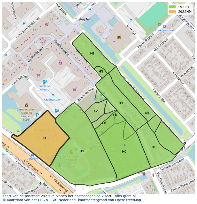 Afbeelding van het postcodegebied 2922 HM op de kaart.