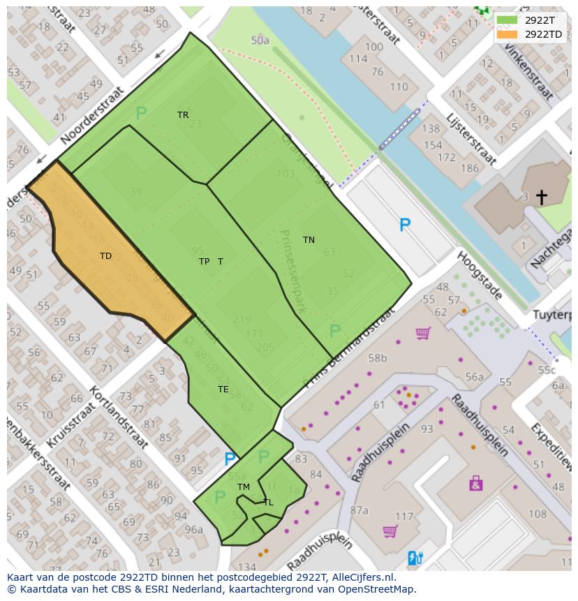 Afbeelding van het postcodegebied 2922 TD op de kaart.