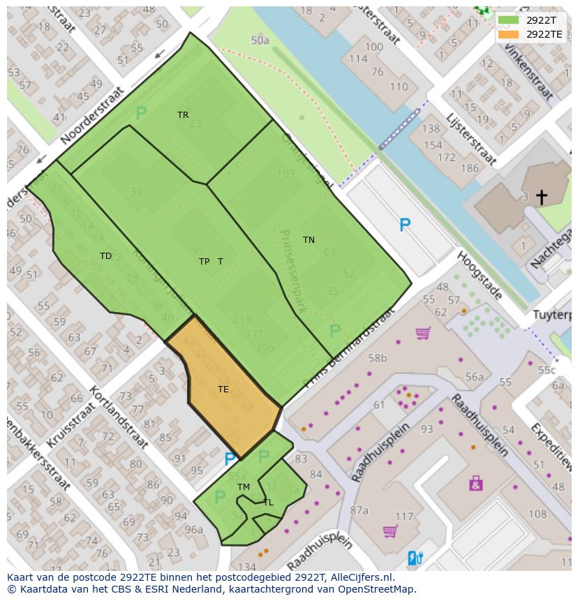 Afbeelding van het postcodegebied 2922 TE op de kaart.