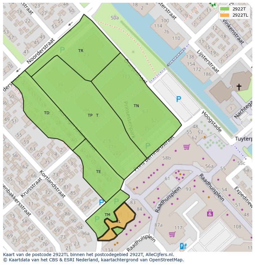 Afbeelding van het postcodegebied 2922 TL op de kaart.