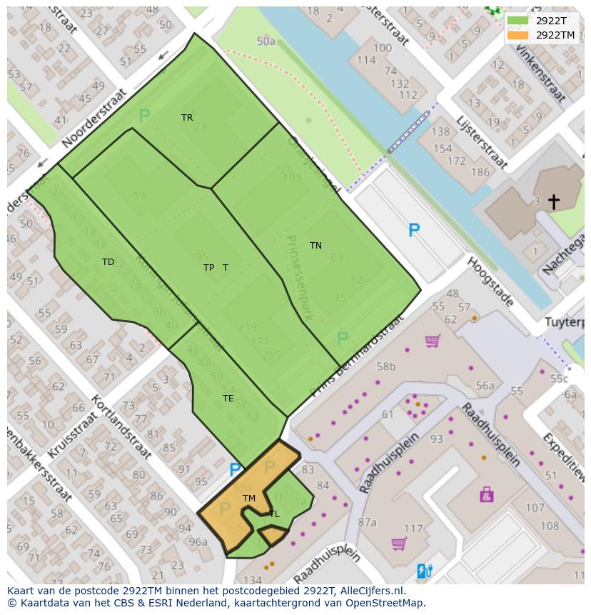 Afbeelding van het postcodegebied 2922 TM op de kaart.