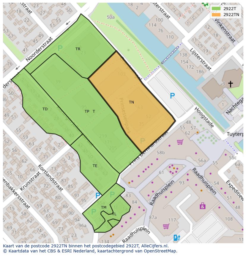 Afbeelding van het postcodegebied 2922 TN op de kaart.
