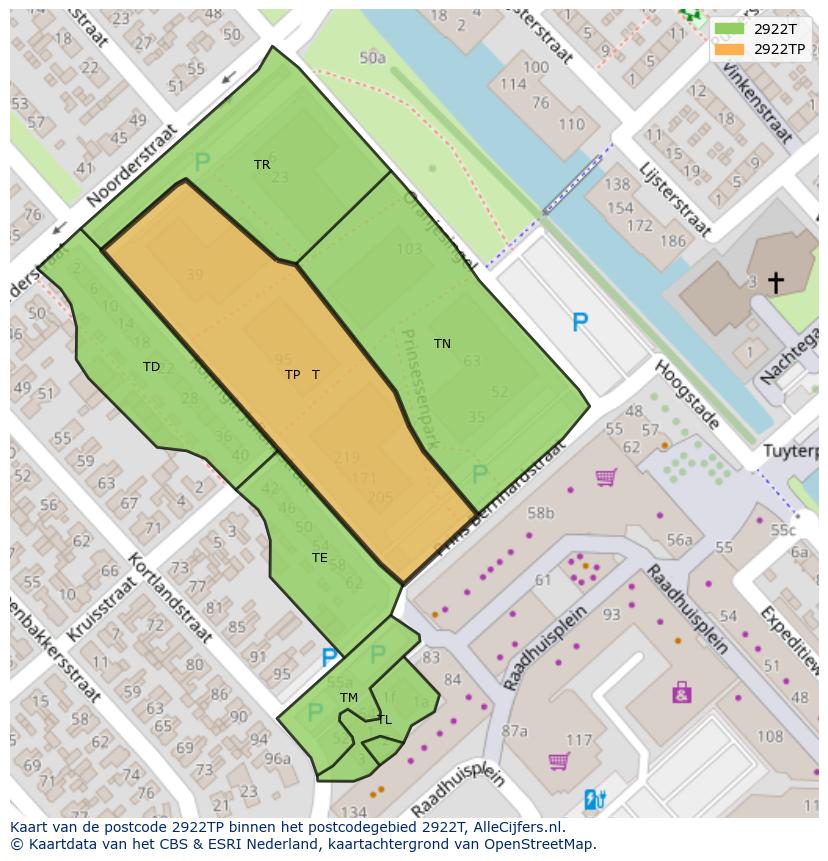 Afbeelding van het postcodegebied 2922 TP op de kaart.