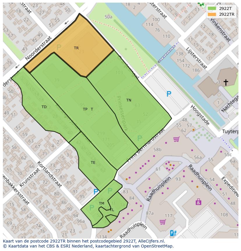 Afbeelding van het postcodegebied 2922 TR op de kaart.