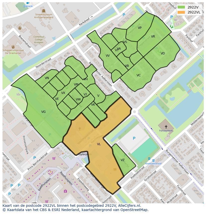 Afbeelding van het postcodegebied 2922 VL op de kaart.
