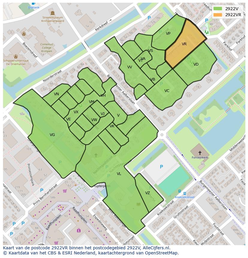 Afbeelding van het postcodegebied 2922 VR op de kaart.