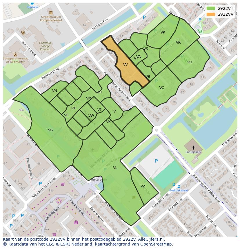 Afbeelding van het postcodegebied 2922 VV op de kaart.