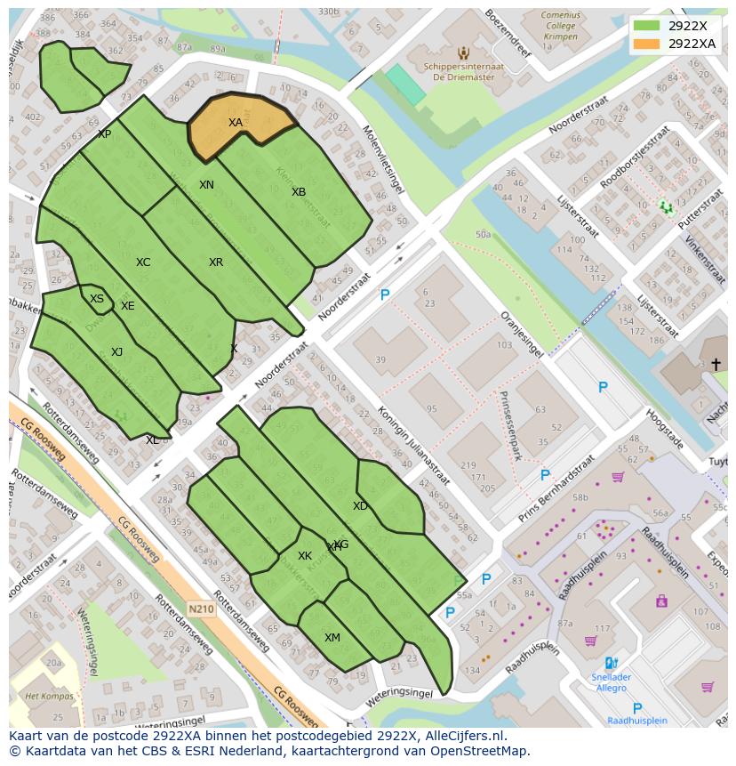 Afbeelding van het postcodegebied 2922 XA op de kaart.