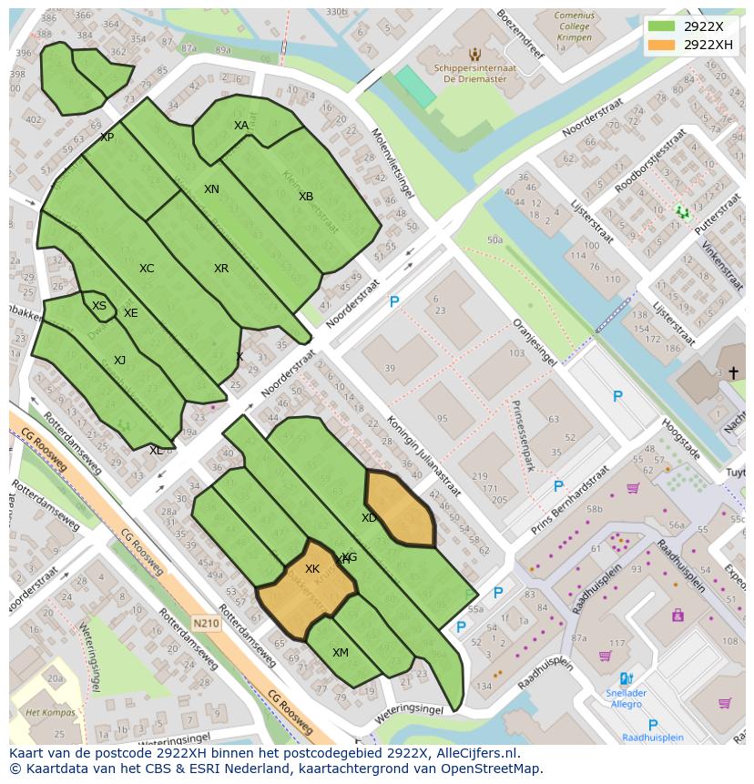 Afbeelding van het postcodegebied 2922 XH op de kaart.