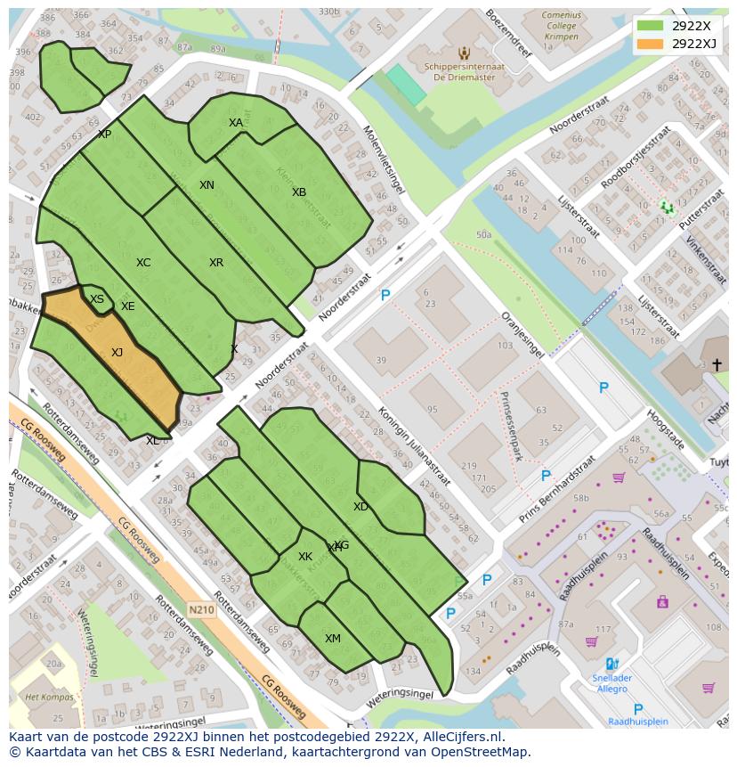 Afbeelding van het postcodegebied 2922 XJ op de kaart.