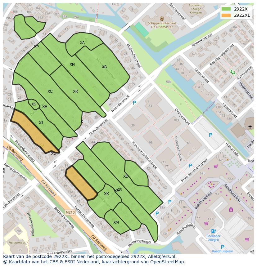 Afbeelding van het postcodegebied 2922 XL op de kaart.