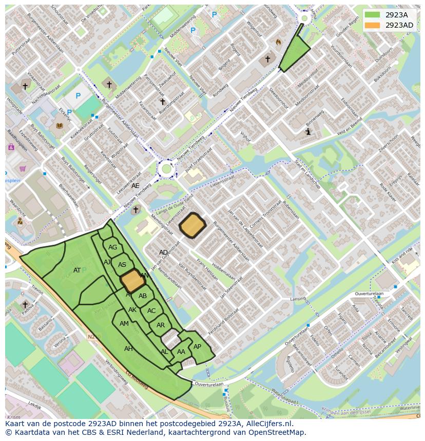 Afbeelding van het postcodegebied 2923 AD op de kaart.