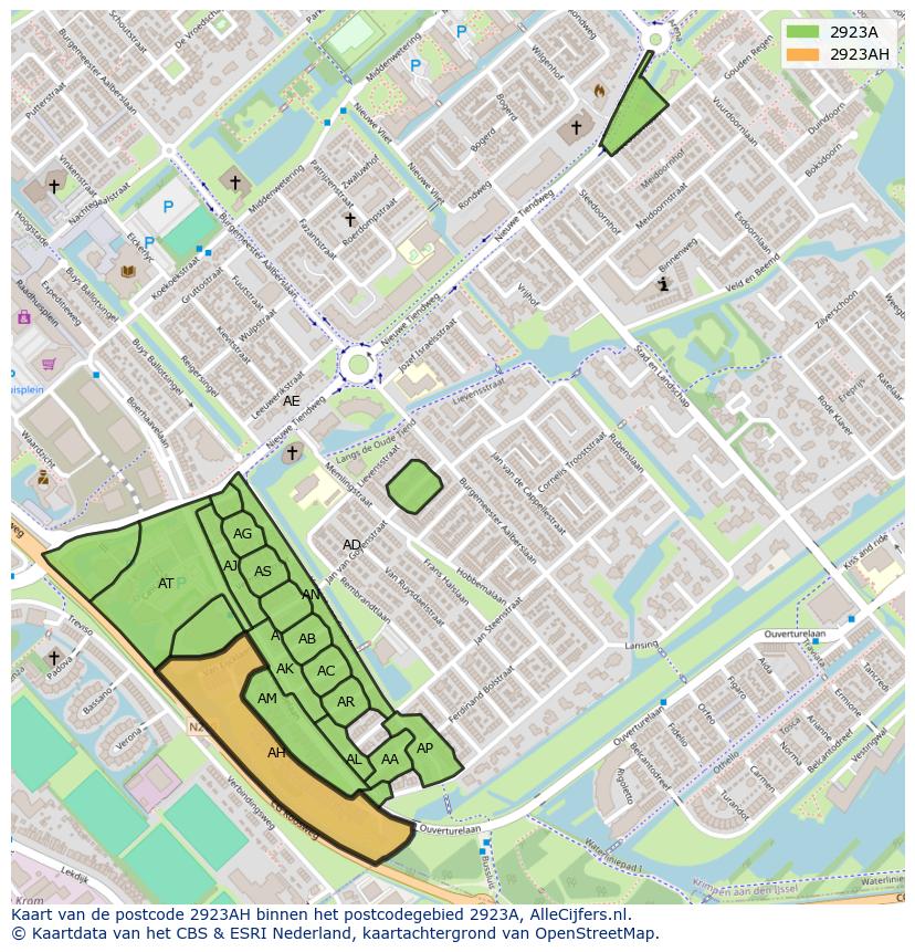 Afbeelding van het postcodegebied 2923 AH op de kaart.