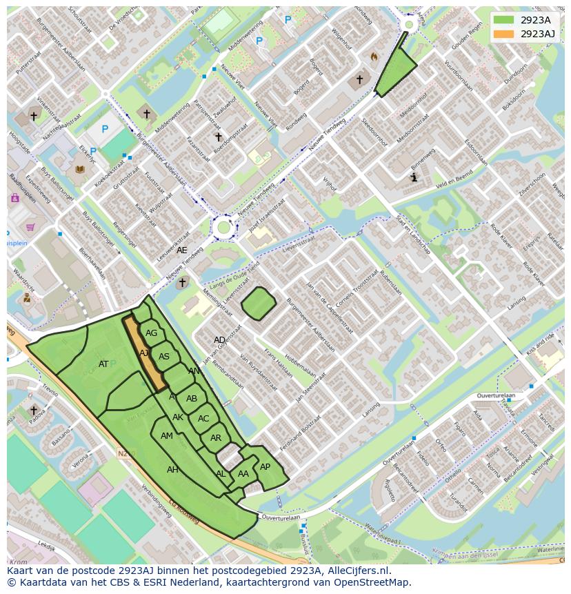 Afbeelding van het postcodegebied 2923 AJ op de kaart.