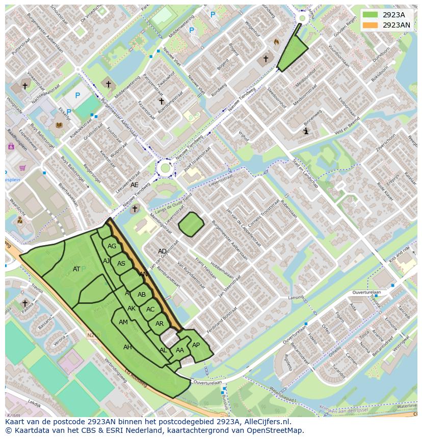 Afbeelding van het postcodegebied 2923 AN op de kaart.