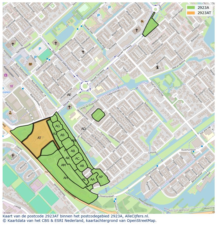 Afbeelding van het postcodegebied 2923 AT op de kaart.