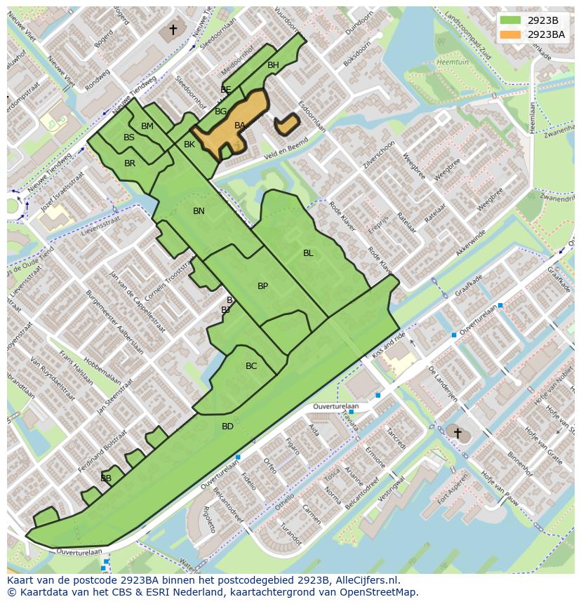 Afbeelding van het postcodegebied 2923 BA op de kaart.