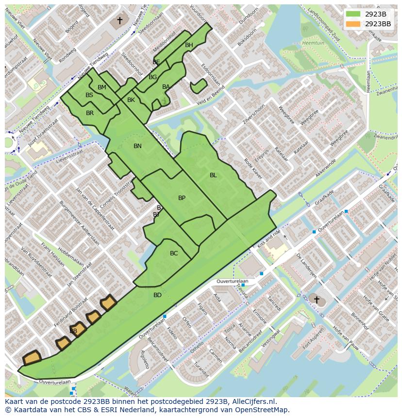 Afbeelding van het postcodegebied 2923 BB op de kaart.