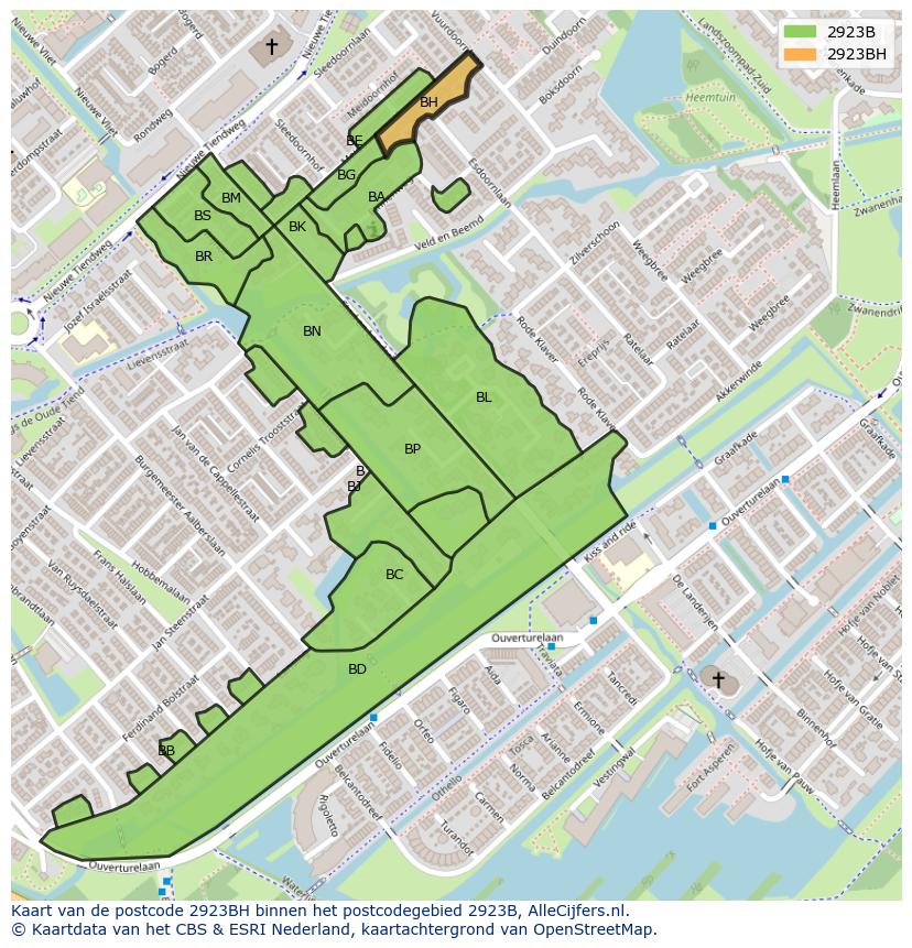 Afbeelding van het postcodegebied 2923 BH op de kaart.