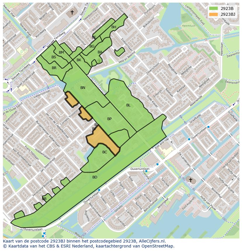 Afbeelding van het postcodegebied 2923 BJ op de kaart.
