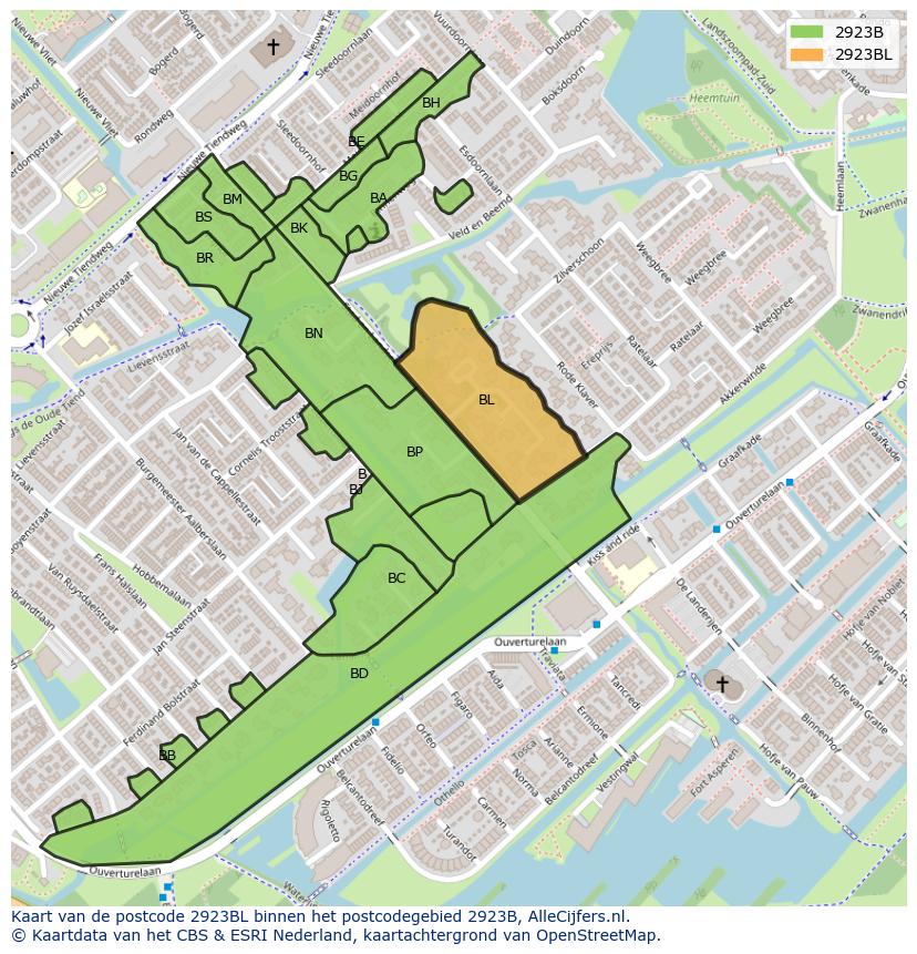 Afbeelding van het postcodegebied 2923 BL op de kaart.