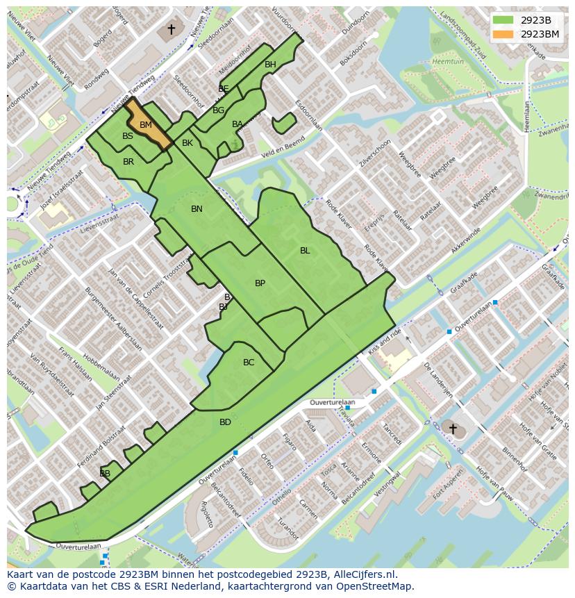 Afbeelding van het postcodegebied 2923 BM op de kaart.