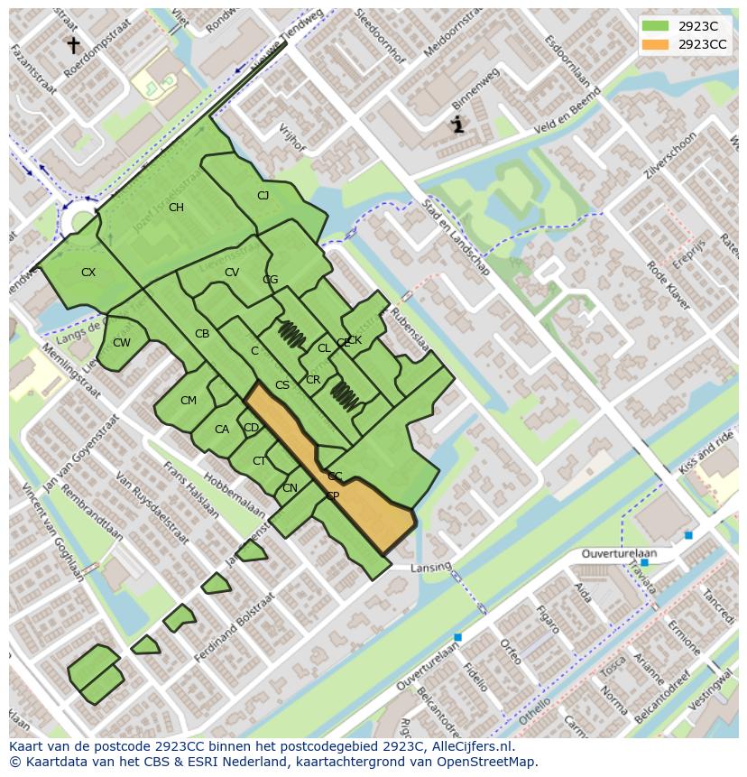 Afbeelding van het postcodegebied 2923 CC op de kaart.