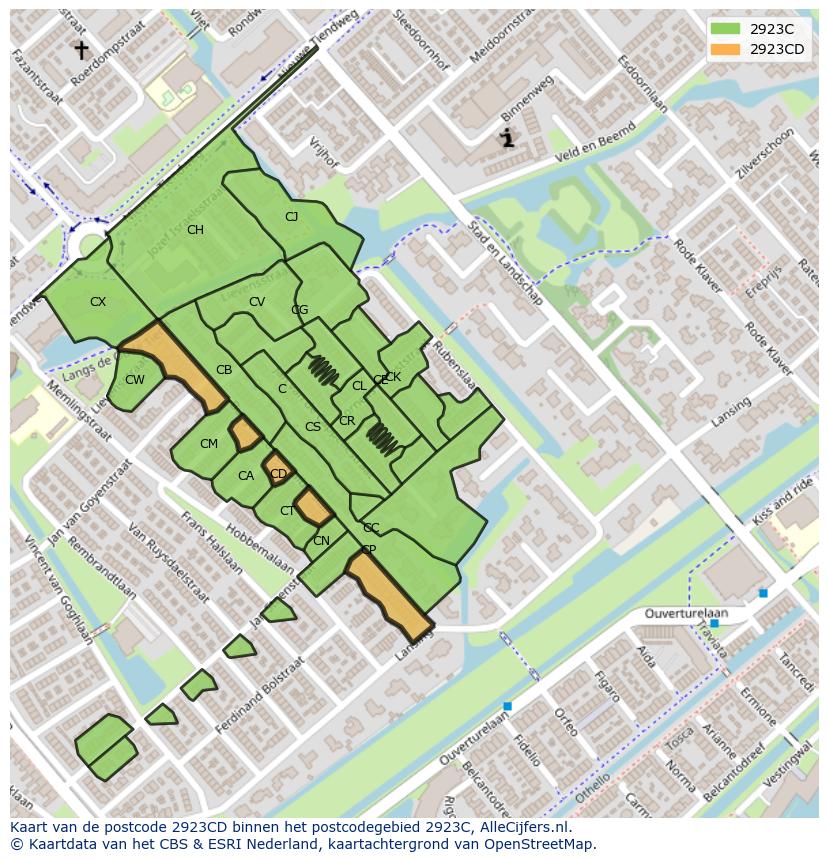 Afbeelding van het postcodegebied 2923 CD op de kaart.