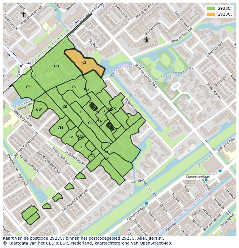 Afbeelding van het postcodegebied 2923 CJ op de kaart.