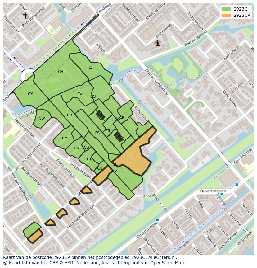 Afbeelding van het postcodegebied 2923 CP op de kaart.