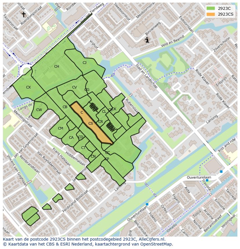 Afbeelding van het postcodegebied 2923 CS op de kaart.