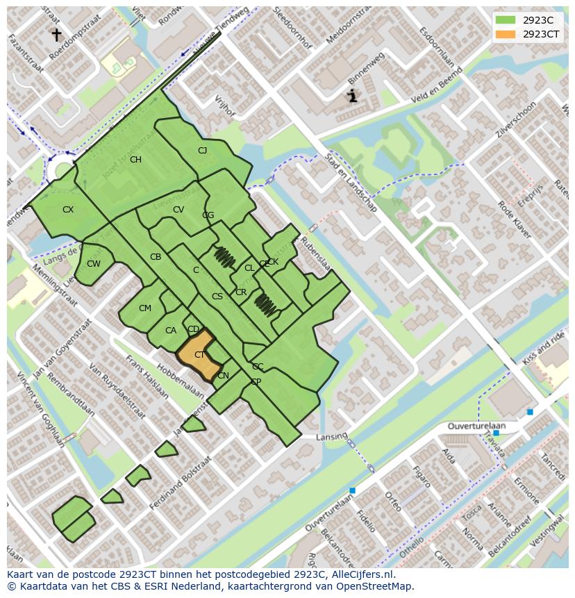 Afbeelding van het postcodegebied 2923 CT op de kaart.