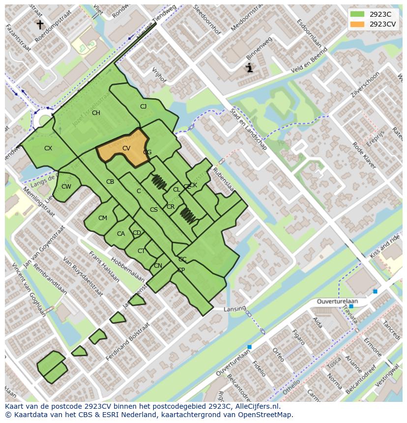 Afbeelding van het postcodegebied 2923 CV op de kaart.