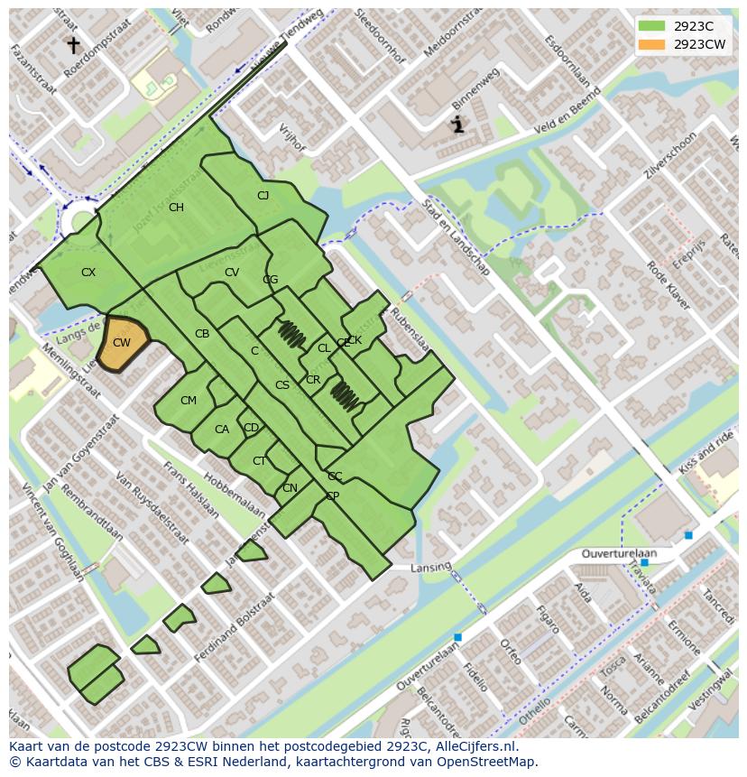 Afbeelding van het postcodegebied 2923 CW op de kaart.