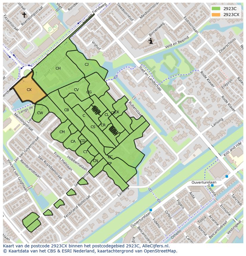 Afbeelding van het postcodegebied 2923 CX op de kaart.